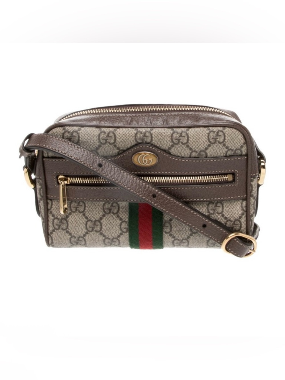Gucci Brown Mini GG Supreme Canvas Crossbody with Green-Red Web